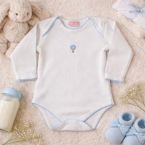 La Coqueta Baby Bodysuit 12M Spain Hot Air Balloon Embroidered White Blue Trim